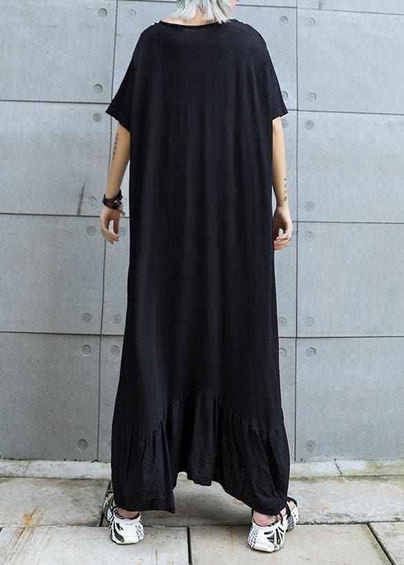 Vivid black cotton Tunics v neck Traveling ruffles summer Dresses AT-SDL190717