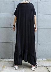 Vivid black cotton Tunics v neck Traveling ruffles summer Dresses AT-SDL190717