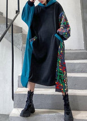 Vivid black cotton quilting clothes hooded patchwork print Traveling Dresses AT-FDL191231