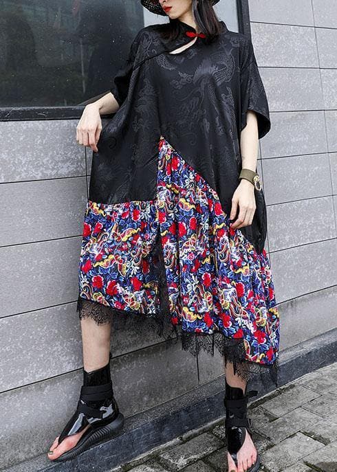 Vivid black patchwork prints cotton clothes Chinese Button summer Dress AT-SDL190717