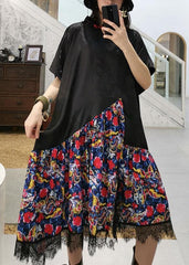 Vivid black patchwork prints cotton clothes Chinese Button summer Dress AT-SDL190717