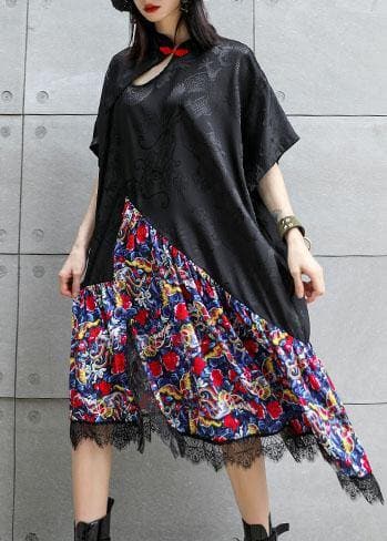 Vivid black patchwork prints cotton clothes Chinese Button summer Dress AT-SDL190717