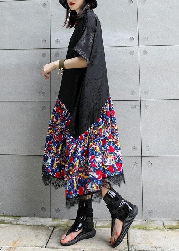 Vivid black patchwork prints cotton clothes Chinese Button summer Dress AT-SDL190717