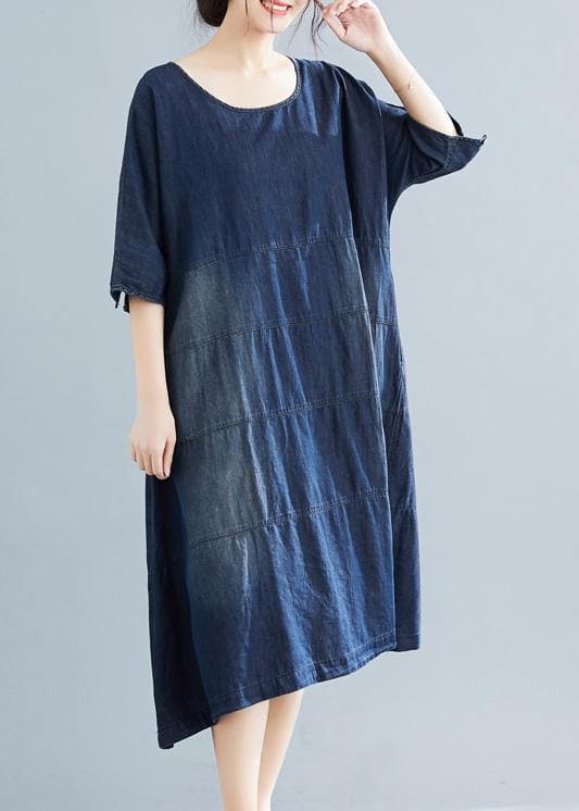 Vivid denim blue cotton quilting dresses Boho Fabrics o neck Kaftan summer Dresses SDL190402