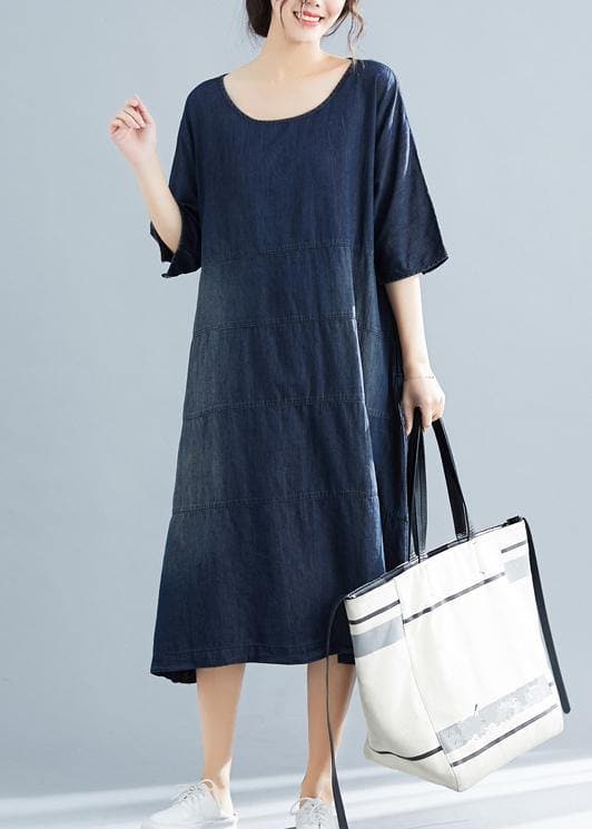 Vivid denim blue cotton quilting dresses Boho Fabrics o neck Kaftan summer Dresses SDL190402