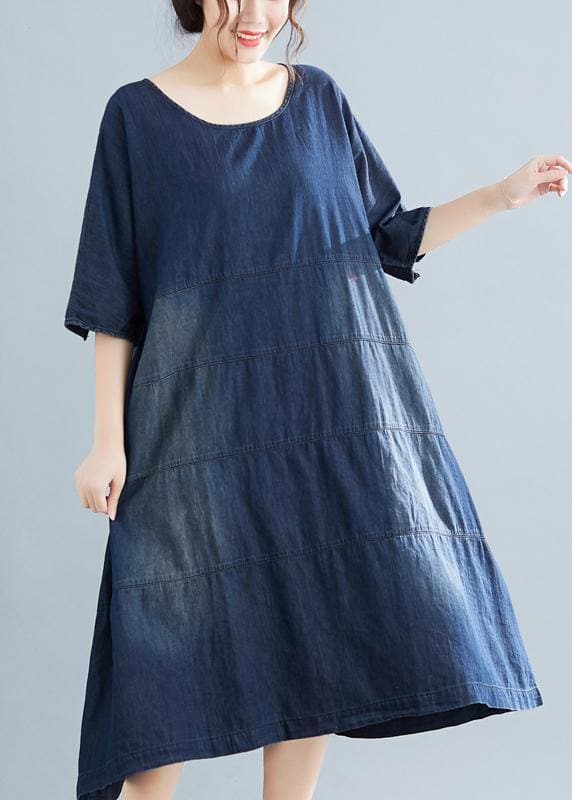 Vivid denim blue cotton quilting dresses Boho Fabrics o neck Kaftan summer Dresses SDL190402