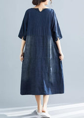 Vivid denim blue cotton quilting dresses Boho Fabrics o neck Kaftan summer Dresses SDL190402