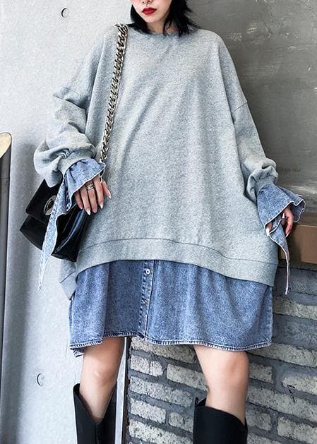 Vivid gray Cotton dress patchwork false two pieces Art Dress AT-LTP191113