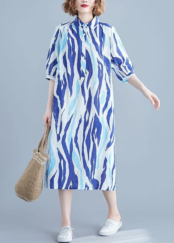 Vivid lapel half sleeve Chiffon dresses Runway blue striped Dress SDL200425