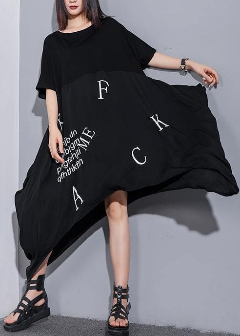 Vivid o neck asymmetric cotton tunics for women Inspiration black Maxi Dress summer AT-SDL190614