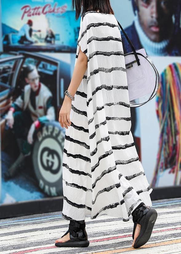 Vivid o neck pockets linen cotton dress Photography white striped Dresses summer AT-SDL190614