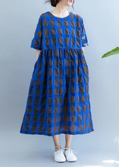 Vivid o neck summer quilting clothes Wardrobes blue plaid loose Dresses SDL200725