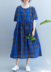 Vivid o neck summer quilting clothes Wardrobes blue plaid loose Dresses SDL200725