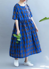 Vivid o neck summer quilting clothes Wardrobes blue plaid loose Dresses SDL200725