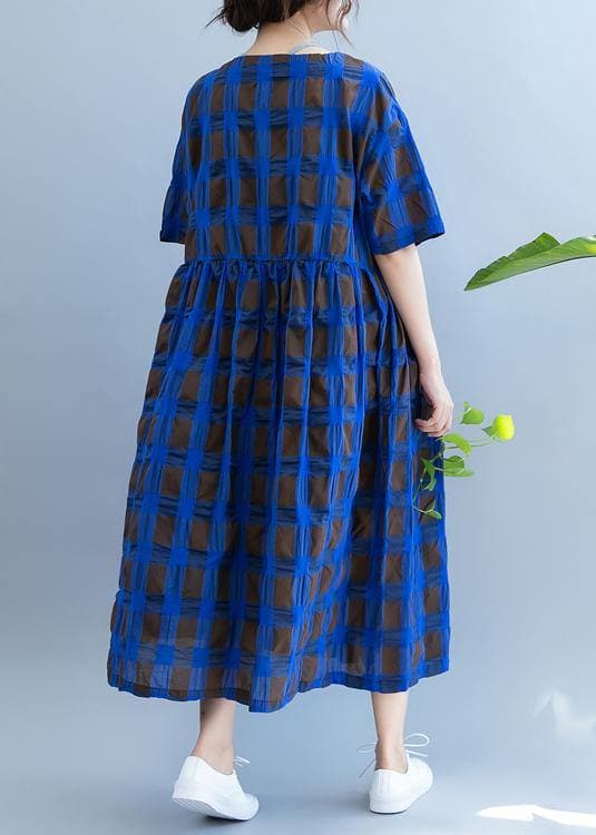 Vivid o neck summer quilting clothes Wardrobes blue plaid loose Dresses SDL200725