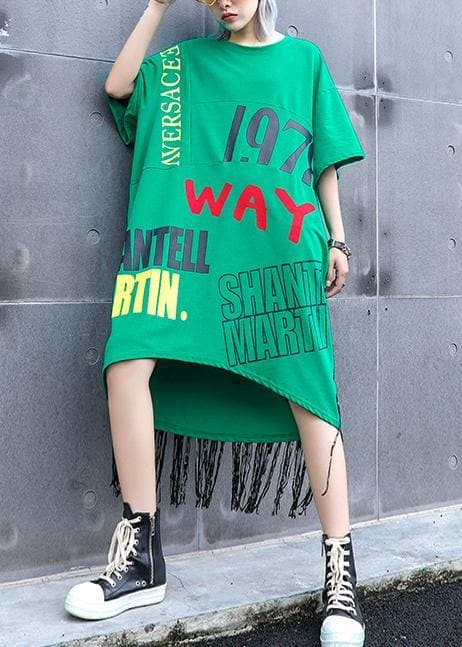 Vivid o neck tassel cotton clothes Women Sewing green print Plus Size Dress summer AT-SDM190614