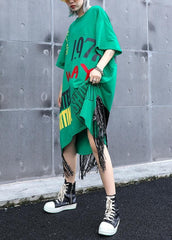 Vivid o neck tassel cotton clothes Women Sewing green print Plus Size Dress summer AT-SDM190614