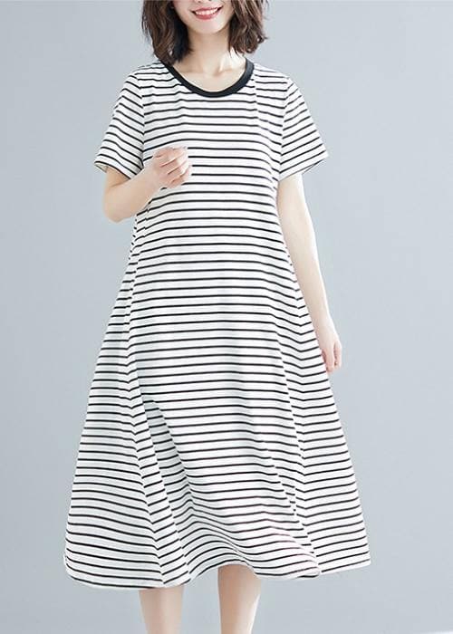 Vivid striped cotton Long Shirts o neck asymmetric Dresses SDL200325