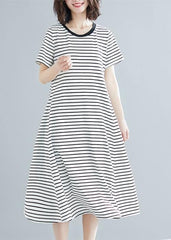 Vivid striped cotton Long Shirts o neck asymmetric Dresses SDL200325