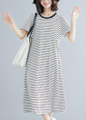 Vivid striped cotton Long Shirts o neck asymmetric Dresses SDL200325