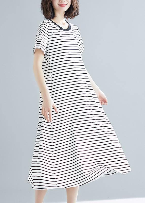 Vivid striped cotton Long Shirts o neck asymmetric Dresses SDL200325