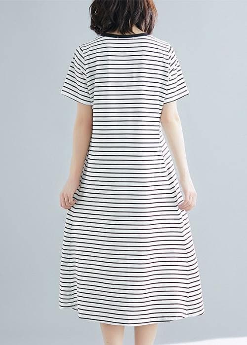 Vivid striped cotton Long Shirts o neck asymmetric Dresses SDL200325