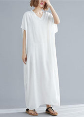 Vivid v neck pockets linen summer Robes Shape white Dresses SDL200425