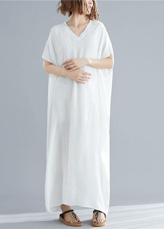 Vivid v neck pockets linen summer Robes Shape white Dresses SDL200425