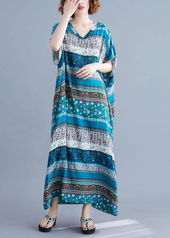 Vivid v neck short sleeve cotton quilting clothes blue print Maxi Dresses SDL200425