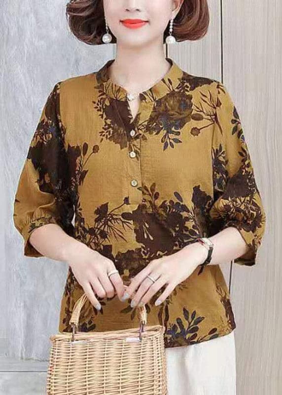 Vogue Yellow V Neck Print Button Shirt Half Sleeve GK-HTP220419