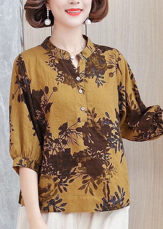 Vogue Yellow V Neck Print Button Shirt Half Sleeve GK-HTP220419