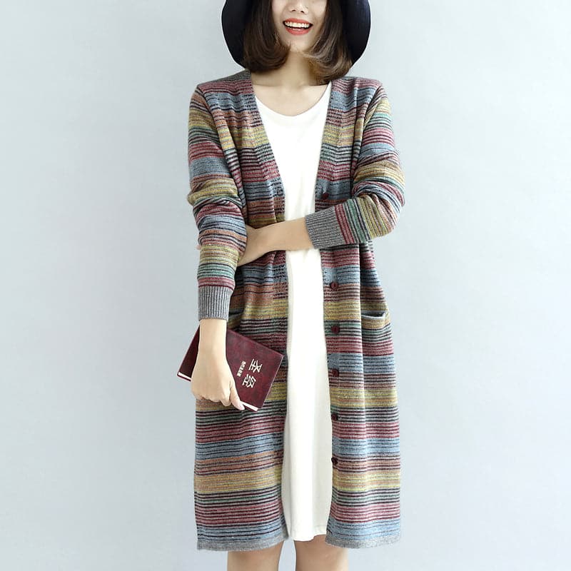 Warm casual knit outwear rainbow baggy loose long sleeve mid sweater cardigans NCT171028