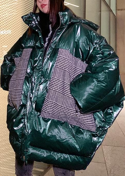 Warm green patchwork winter parkas oversize down jacket overcoat hooded AT-DJK191101