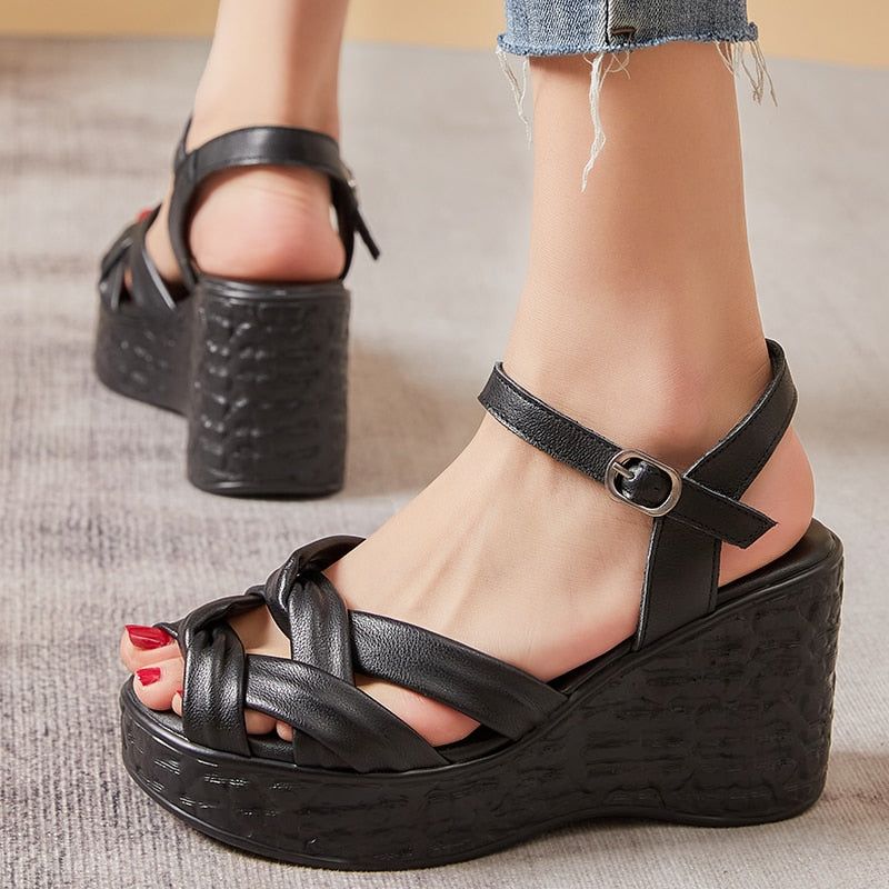 Weave Open Toe Leather Wedges Sandals Women's Casual Shoes GCSK26 Touchy Style