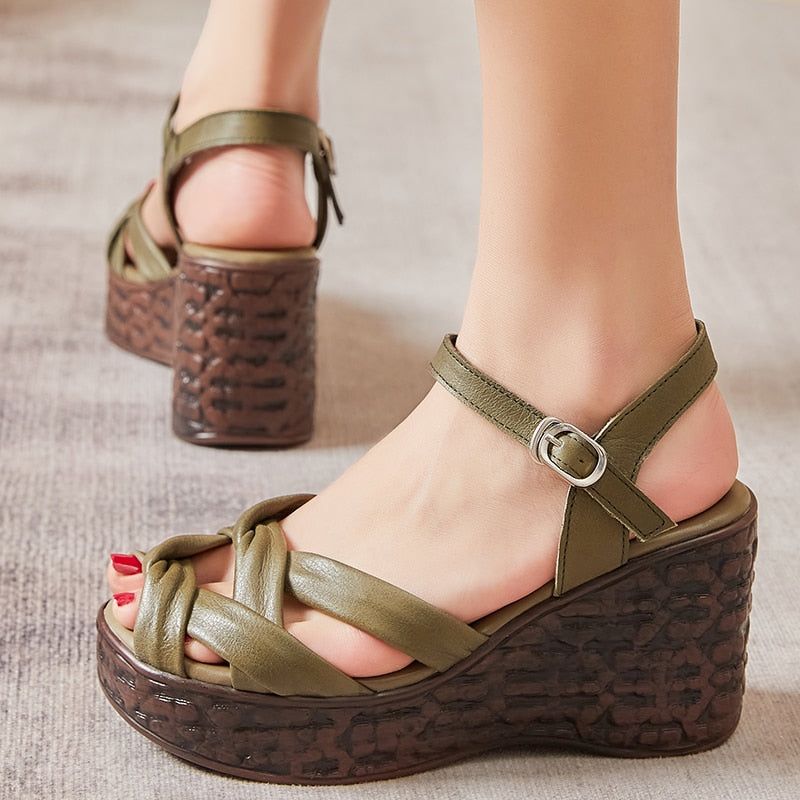 Weave Open Toe Leather Wedges Sandals Women's Casual Shoes GCSK26 Touchy Style