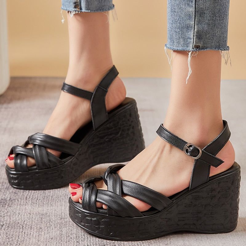 Weave Open Toe Leather Wedges Sandals Women's Casual Shoes GCSK26 Touchy Style