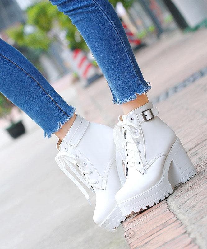 White Boots Cross Strap Chunky Boots XZ-XZ210804