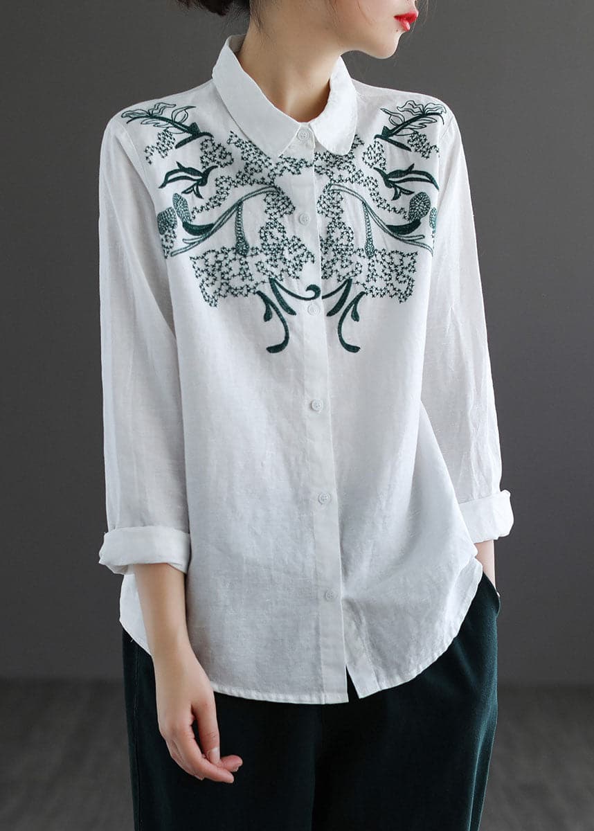 White Cotton Shirt Top Embroideried Oversized Long Sleeve GK-LTP220815