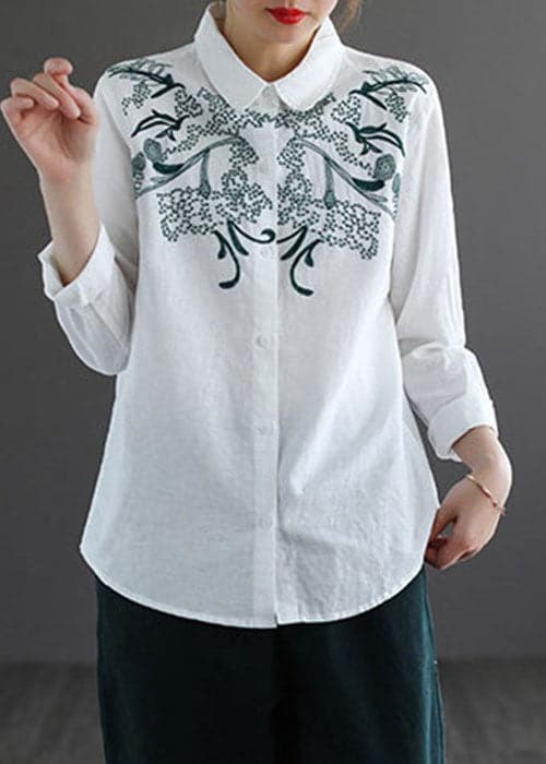 White Cotton Shirt Top Embroideried Oversized Long Sleeve GK-LTP220815