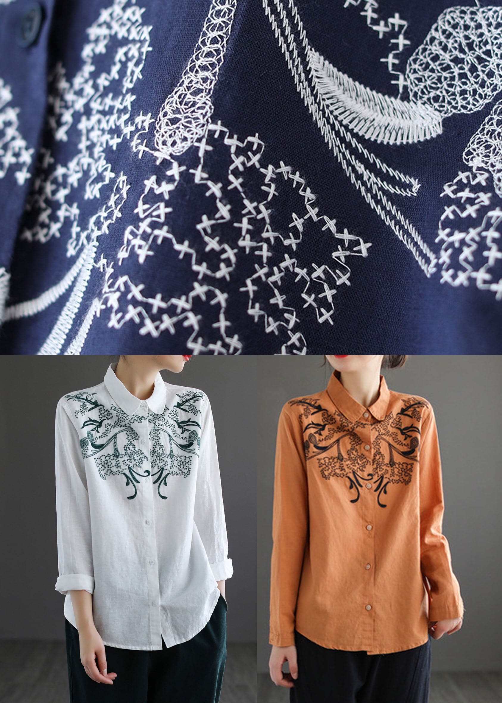 White Cotton Shirt Top Embroideried Oversized Long Sleeve GK-LTP220815