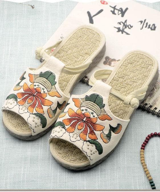 White Embroideried Cotton Flip Flops LT210723