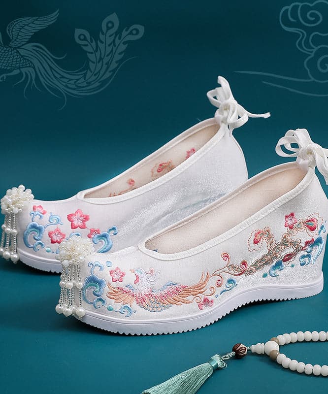 White Embroideried High Heels Shoes Wedge Satin Fabric Beautiful Lace Up High Wedge Heels BX-PG220407