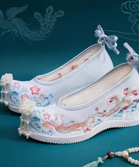 White Embroideried High Heels Shoes Wedge Satin Fabric Beautiful Lace Up High Wedge Heels BX-PG220407