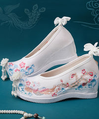 White Embroideried High Heels Shoes Wedge Satin Fabric Beautiful Lace Up High Wedge Heels BX-PG220407