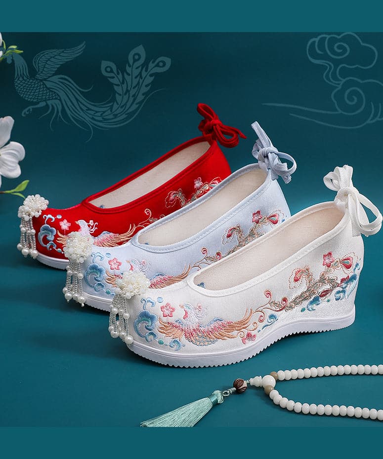 White Embroideried High Heels Shoes Wedge Satin Fabric Beautiful Lace Up High Wedge Heels BX-PG220407