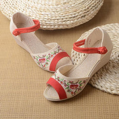 White Embroideried Sandals SplicingBuckle Strap Wedge Sandals LX210723