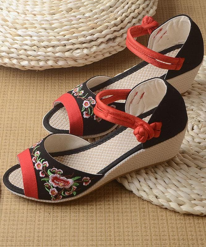 White Embroideried Sandals SplicingBuckle Strap Wedge Sandals LX210723