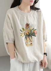 White Print Linen Sweatshirts Top O-Neck Oversized Short Sleeve GK-STP220804