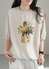 White Print Linen Sweatshirts Top O-Neck Oversized Short Sleeve GK-STP220804