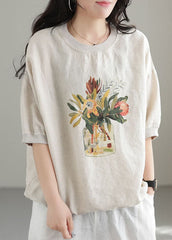 White Print Linen Sweatshirts Top O-Neck Oversized Short Sleeve GK-STP220804